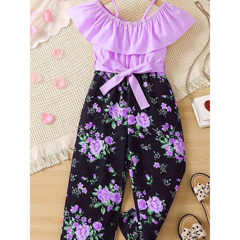 Girls Lavender Floral Off-Shoulder Jumpsuit with Waist Tie Size 4t